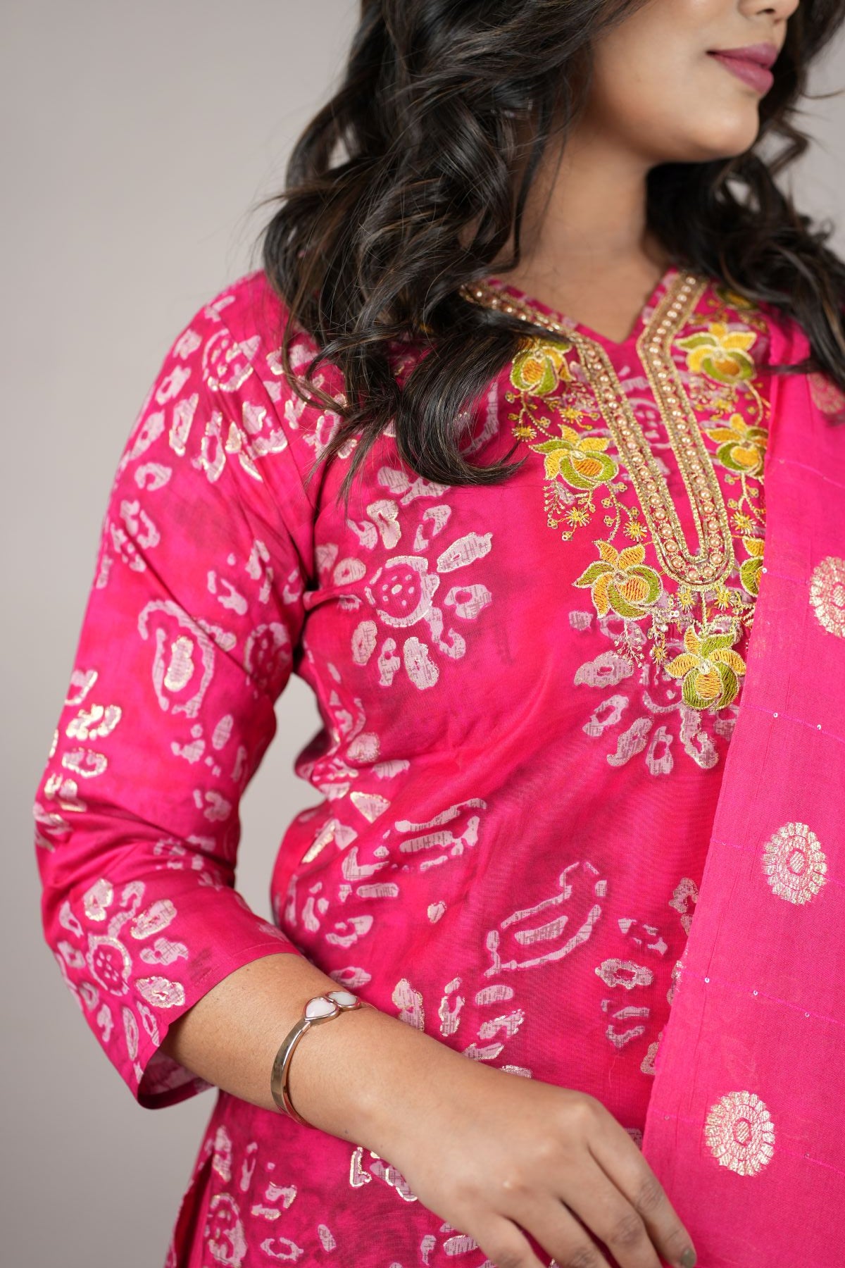 Rani Pink Silk Kurta Set with Banarasi Dupatta