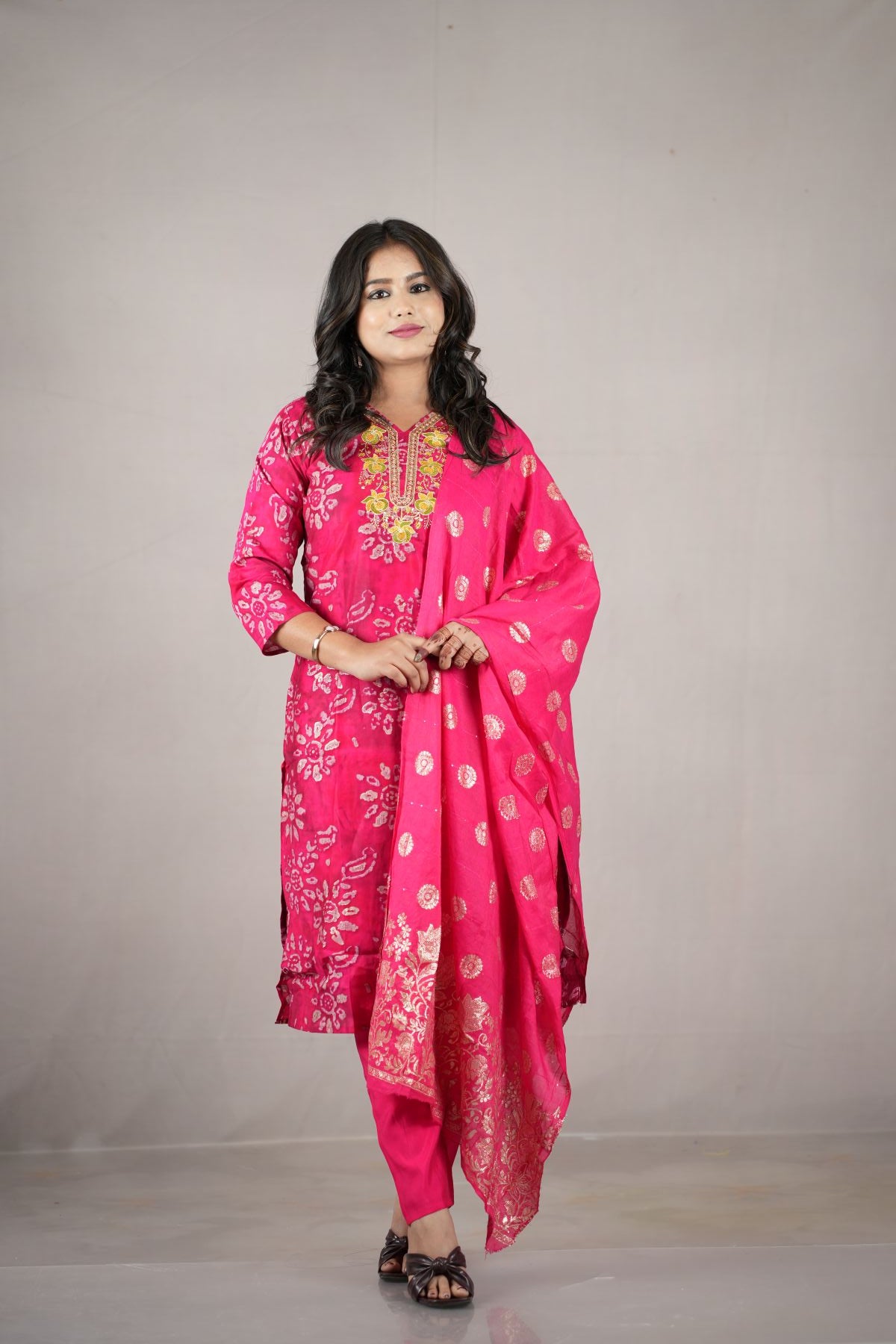 Rani Pink Silk Kurta Set with Banarasi Dupatta