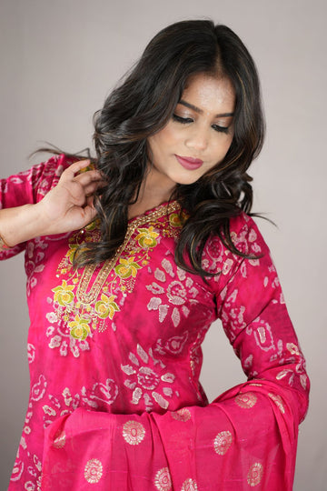 Rani Pink Silk Kurta Set with Banarasi Dupatta