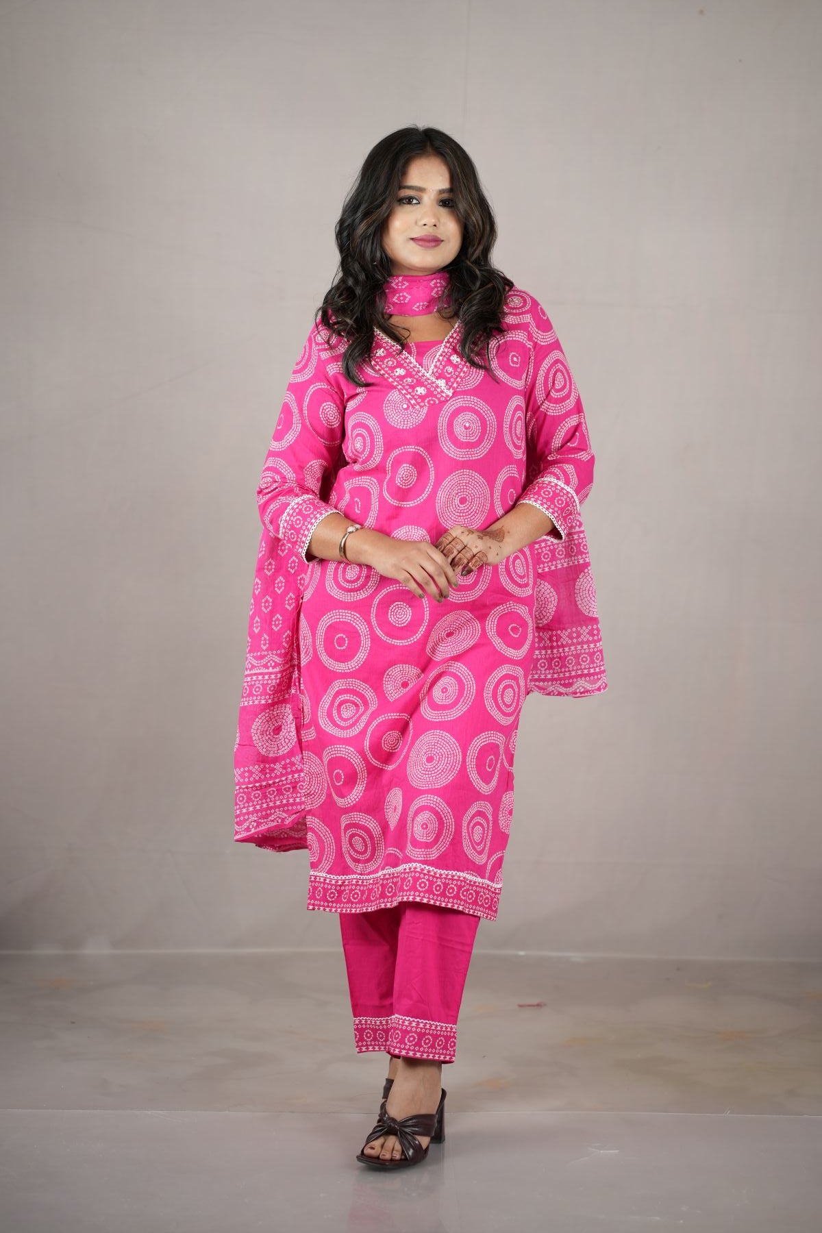 Rani Pink Cambric Cotton Printed Kurta Set with Dupatta