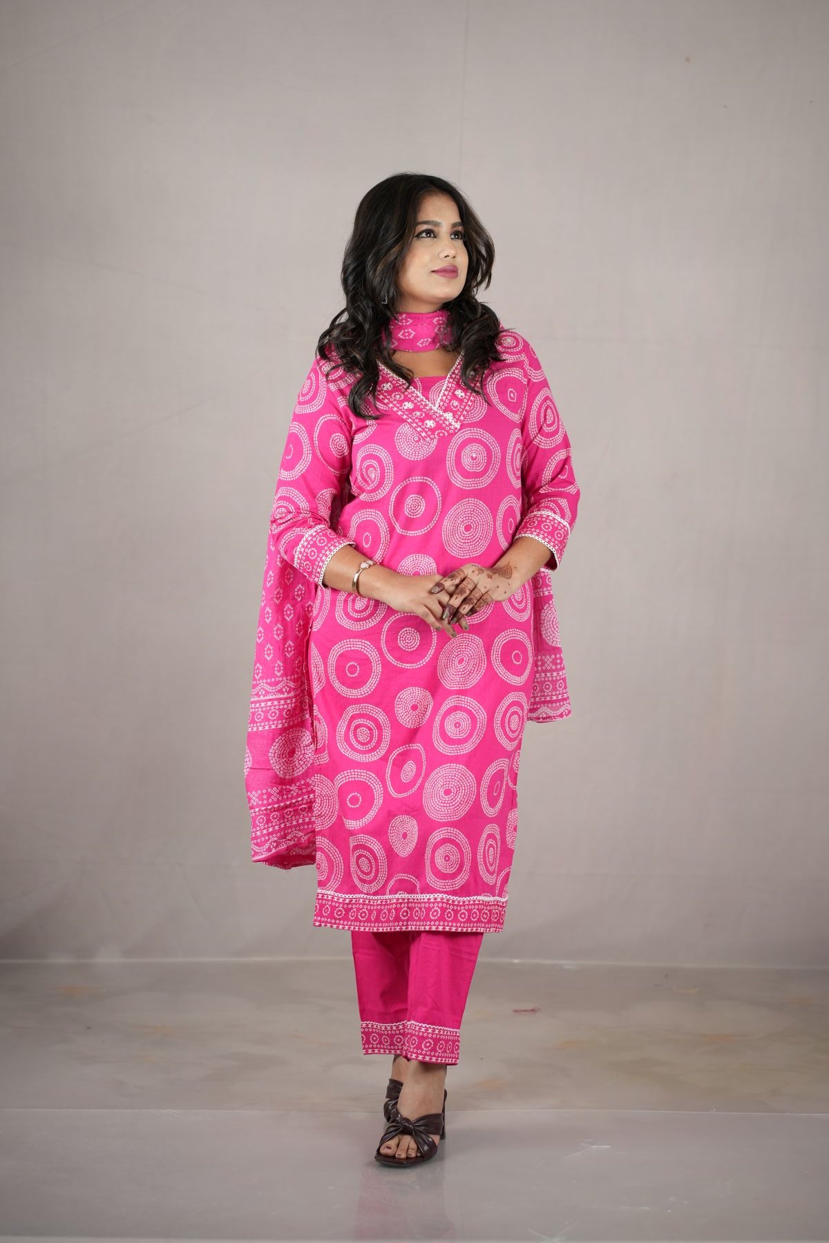 Rani Pink Cambric Cotton Printed Kurta Set with Dupatta