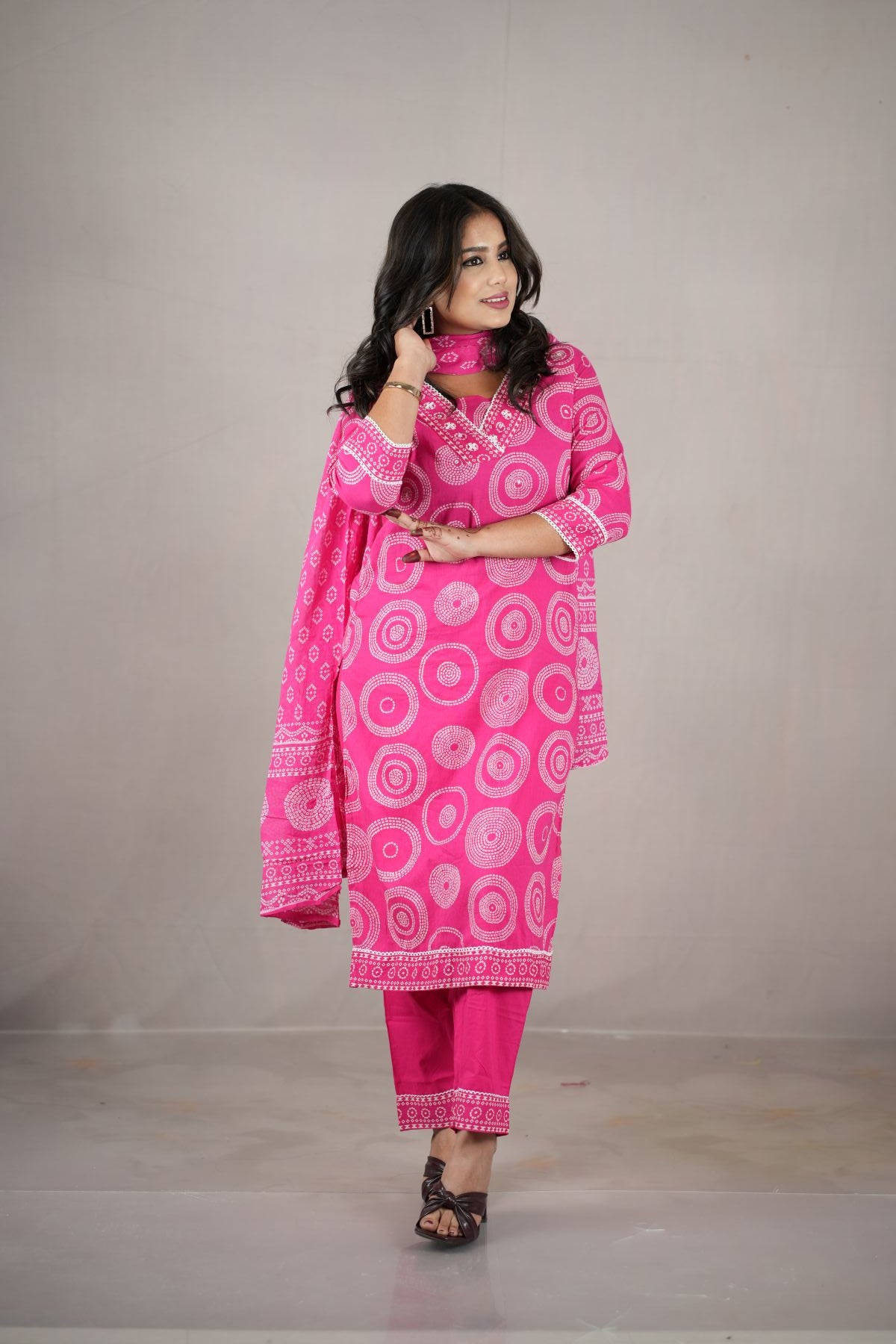 Rani Pink Cambric Cotton Printed Kurta Set with Dupatta