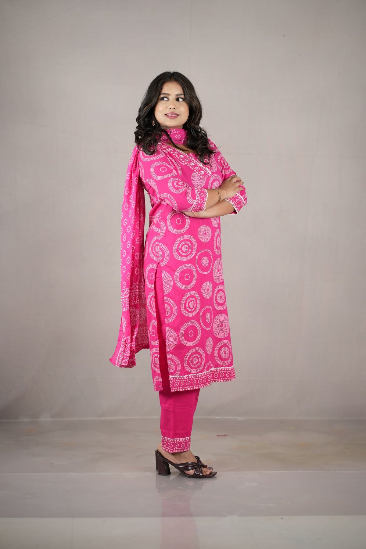 Rani Pink Cambric Cotton Printed Kurta Set with Dupatta