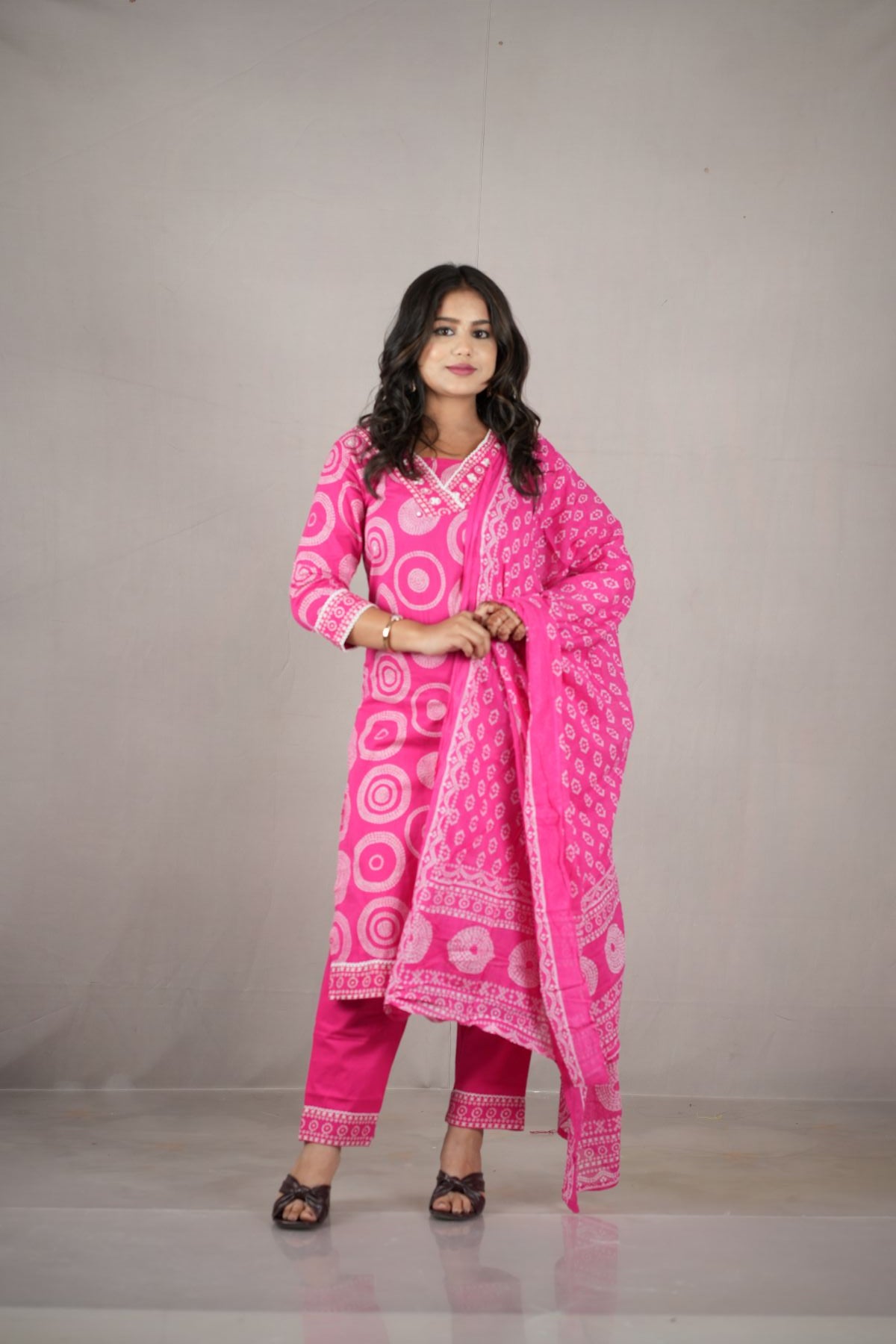 Rani Pink Cambric Cotton Printed Kurta Set with Dupatta