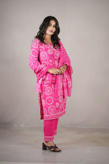 Rani Pink Cambric Cotton Printed Kurta Set with Dupatta