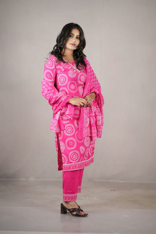 Rani Pink Cambric Cotton Printed Kurta Set with Dupatta