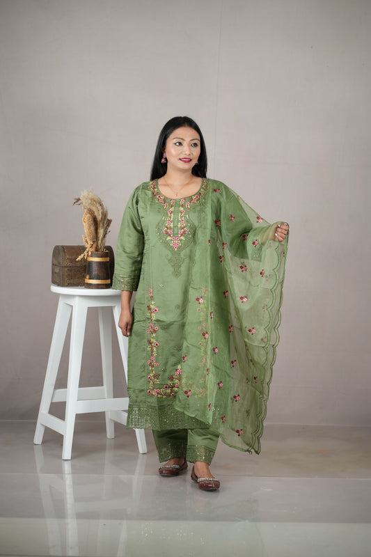 Mehendi Green Roman Silk Embroidered Kurta Set with Dupatta