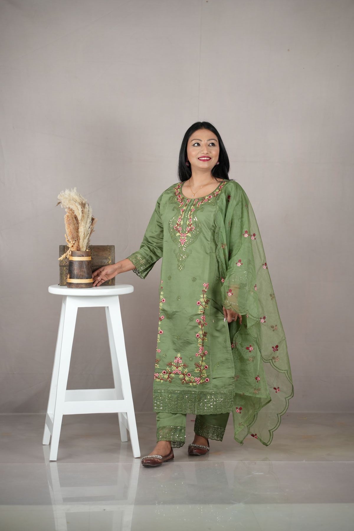 Mehendi Green Roman Silk Embroidered Kurta Set with Dupatta