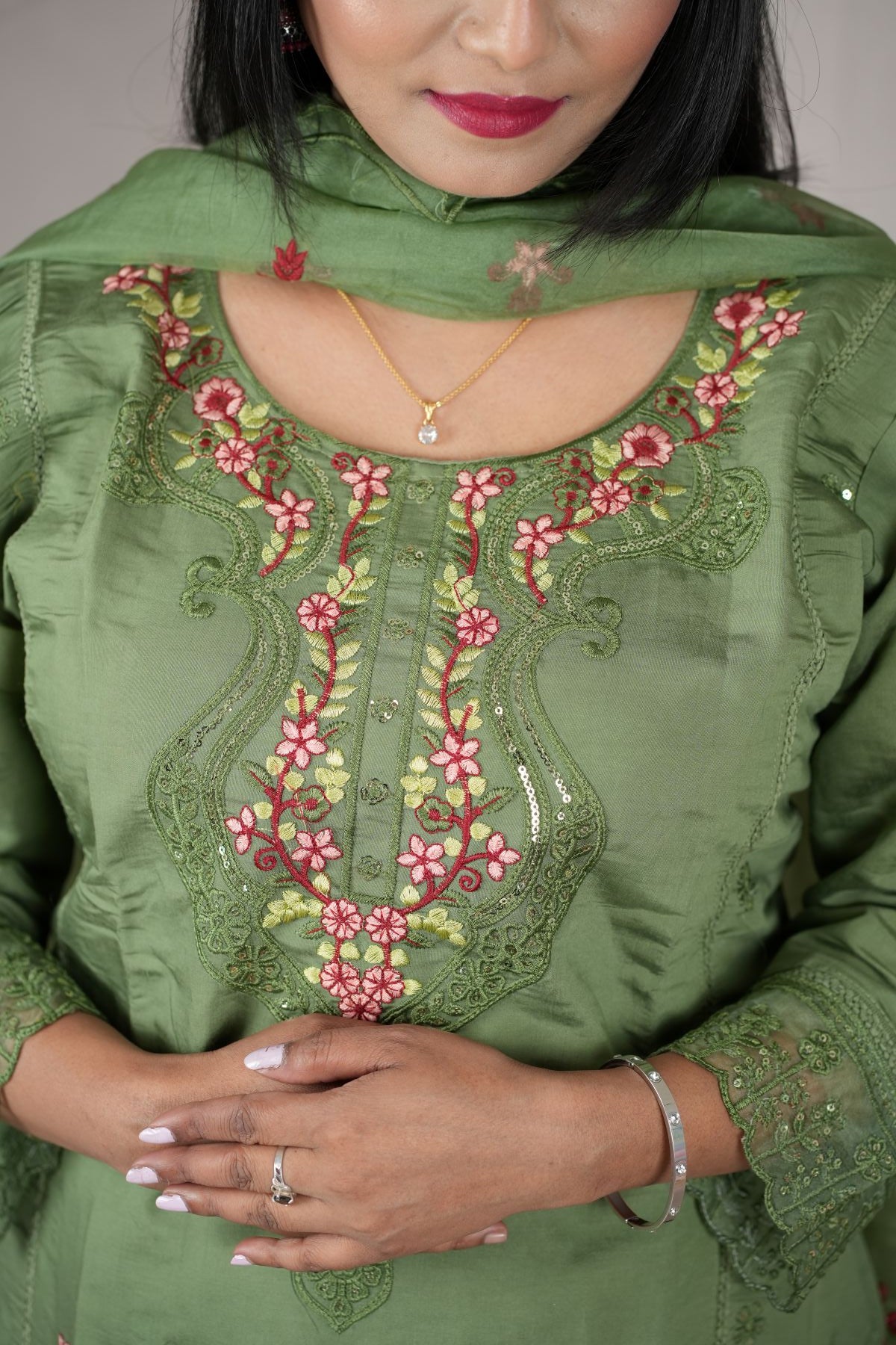 Mehendi Green Roman Silk Embroidered Kurta Set with Dupatta