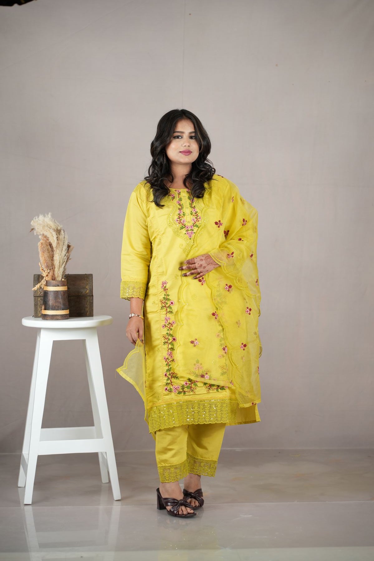 Lemon Yellow Roman Silk Embroidered Kurta Set with Dupatta