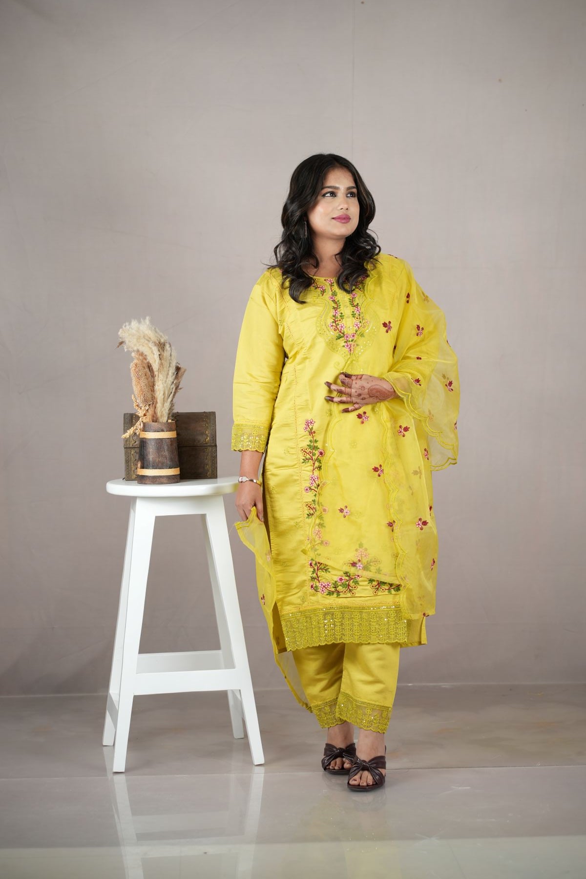 Lemon Yellow Roman Silk Embroidered Kurta Set with Dupatta