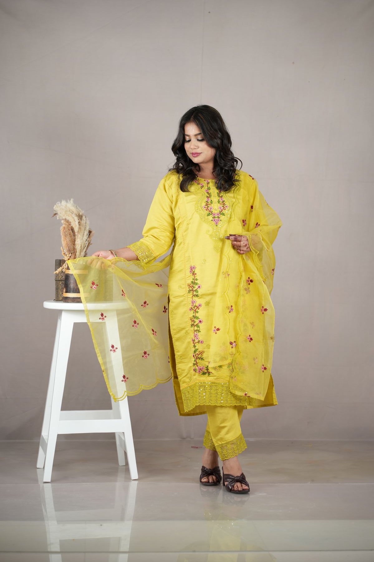 Lemon Yellow Roman Silk Embroidered Kurta Set with Dupatta