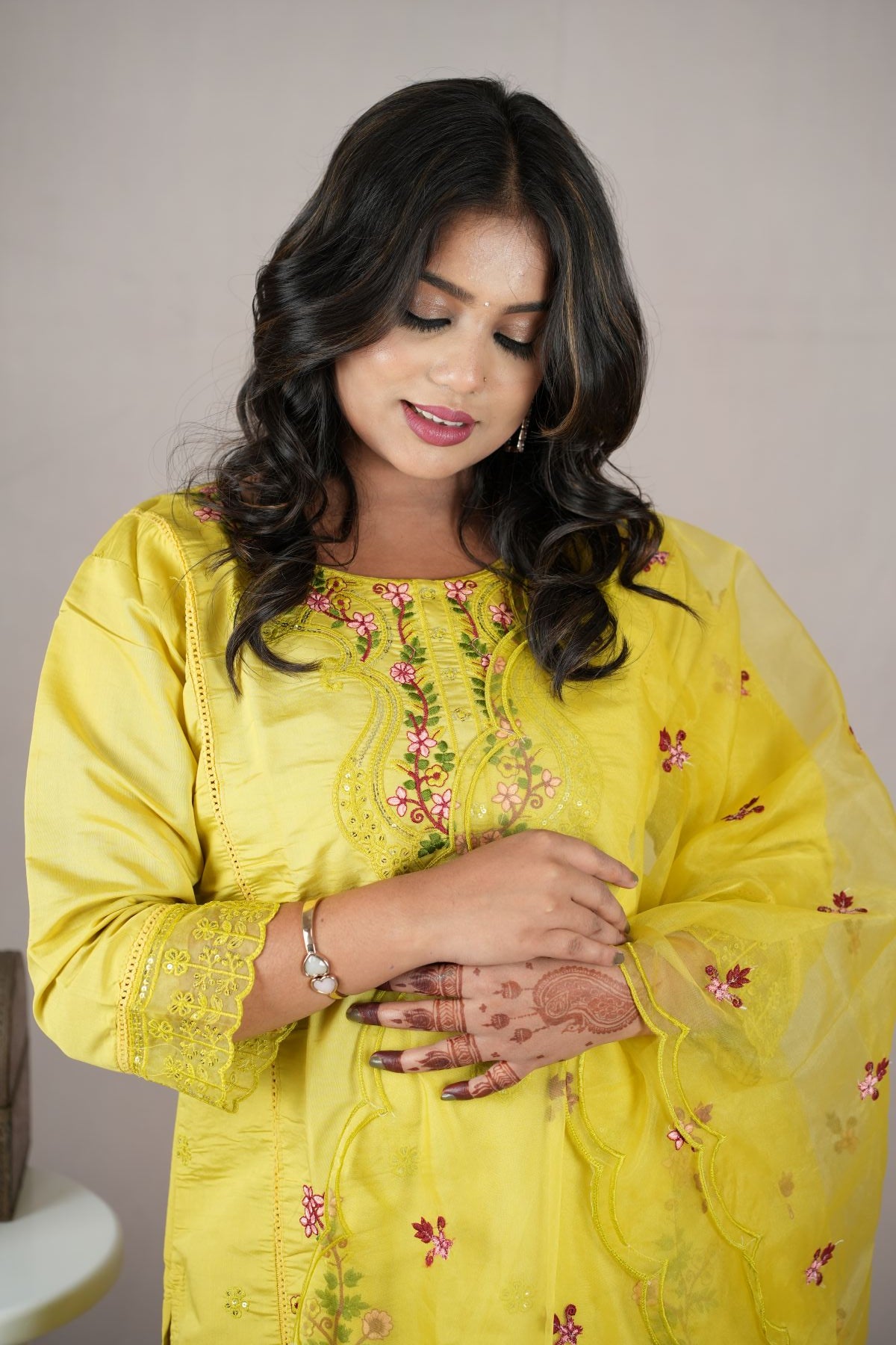 Lemon Yellow Roman Silk Embroidered Kurta Set with Dupatta