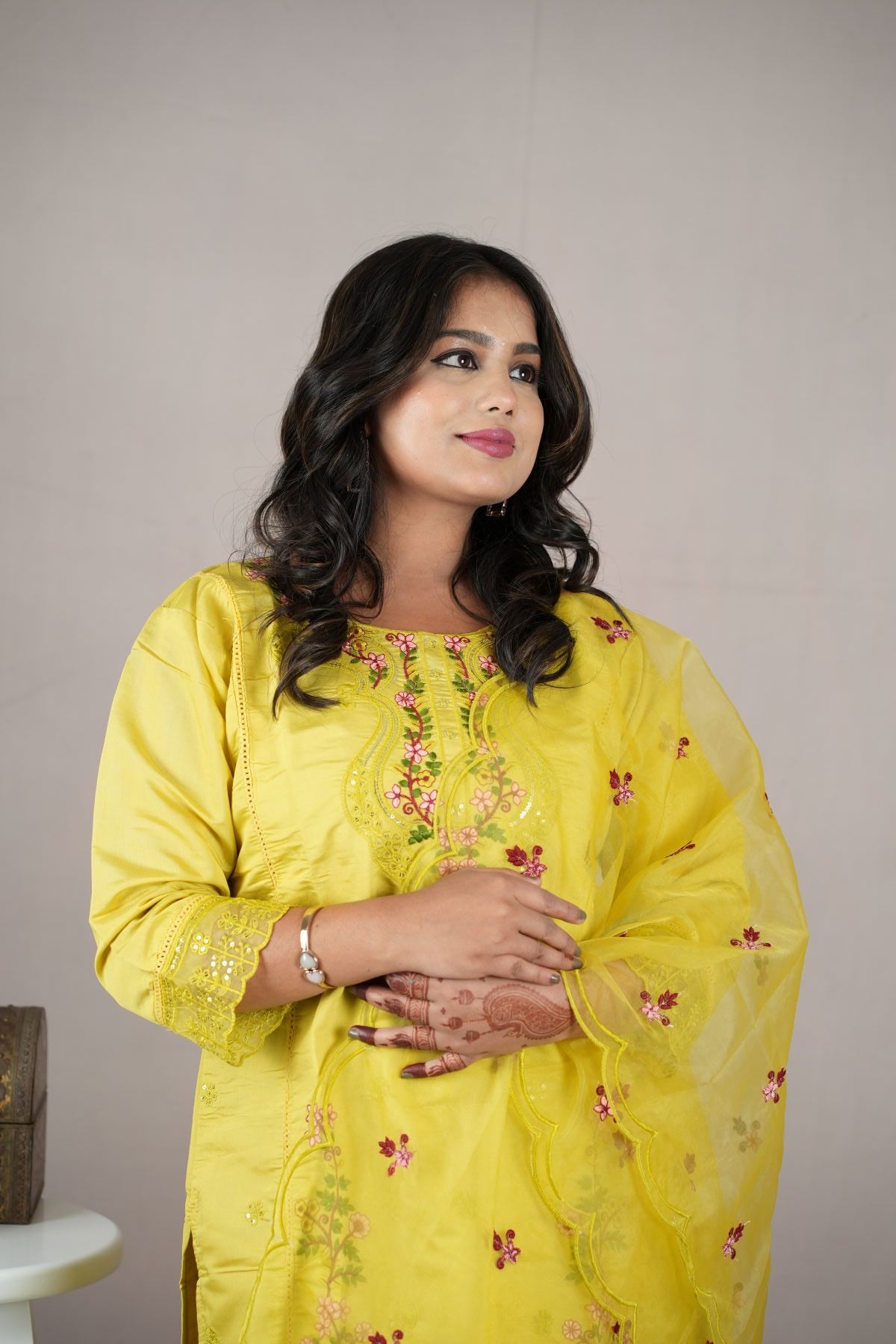 Lemon Yellow Roman Silk Embroidered Kurta Set with Dupatta