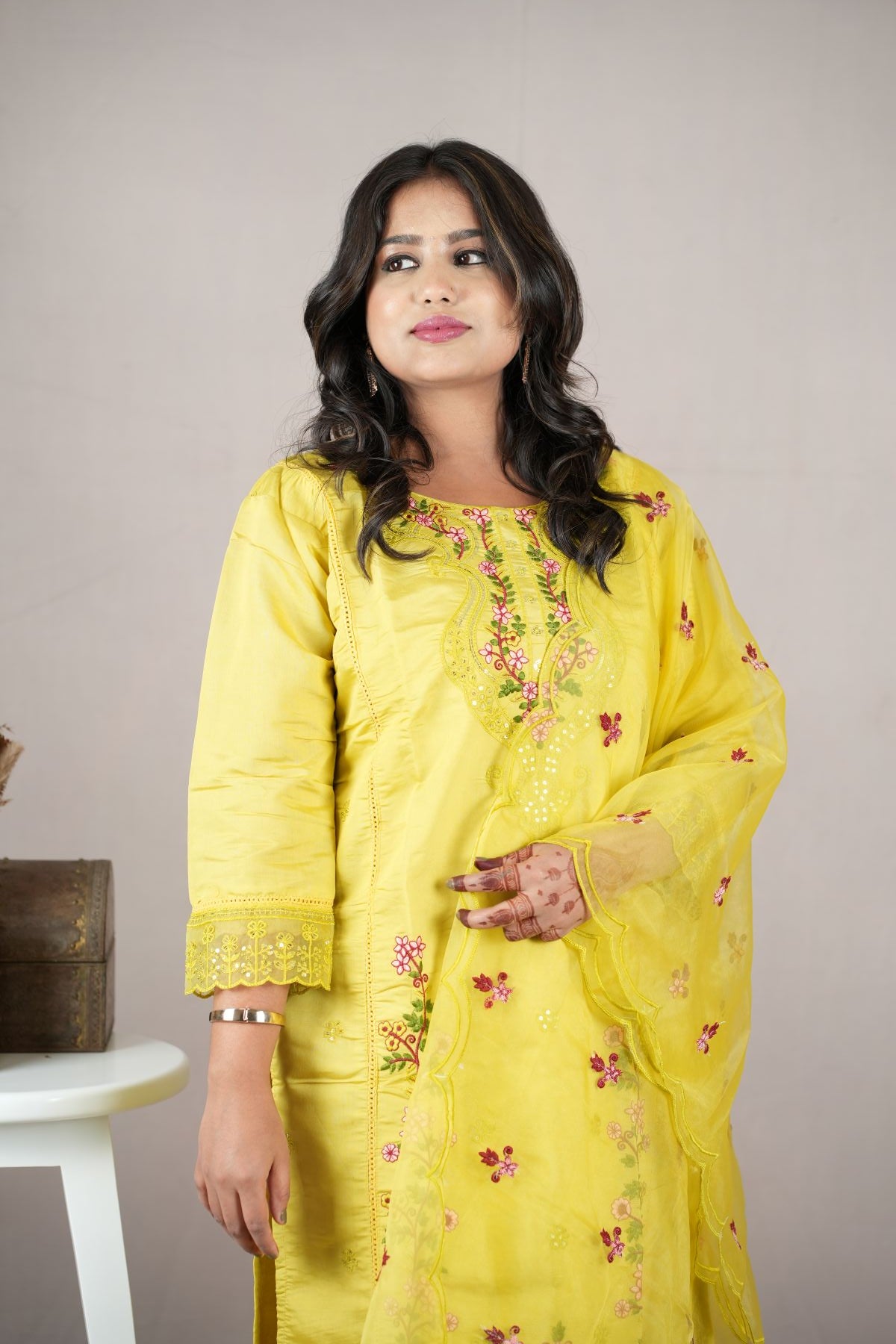 Lemon Yellow Roman Silk Embroidered Kurta Set with Dupatta