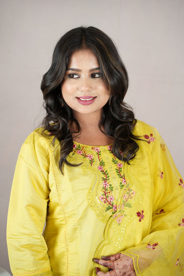 Lemon Yellow Roman Silk Embroidered Kurta Set with Dupatta
