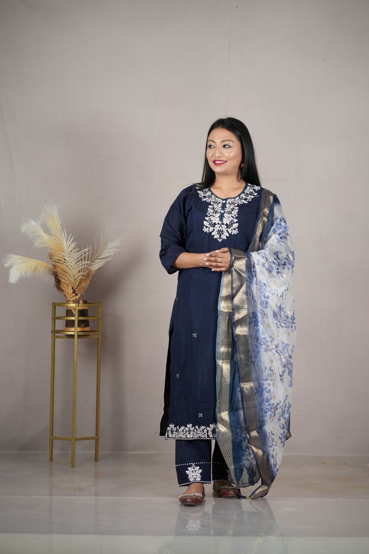 Elegant Midnight Blue Rangeela Silk Kurta Set with Floral Dupatta