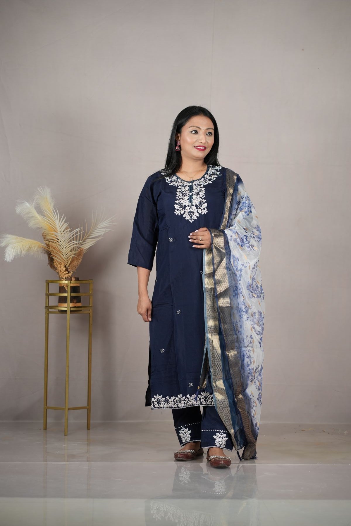 Elegant Midnight Blue Rangeela Silk Kurta Set with Floral Dupatta