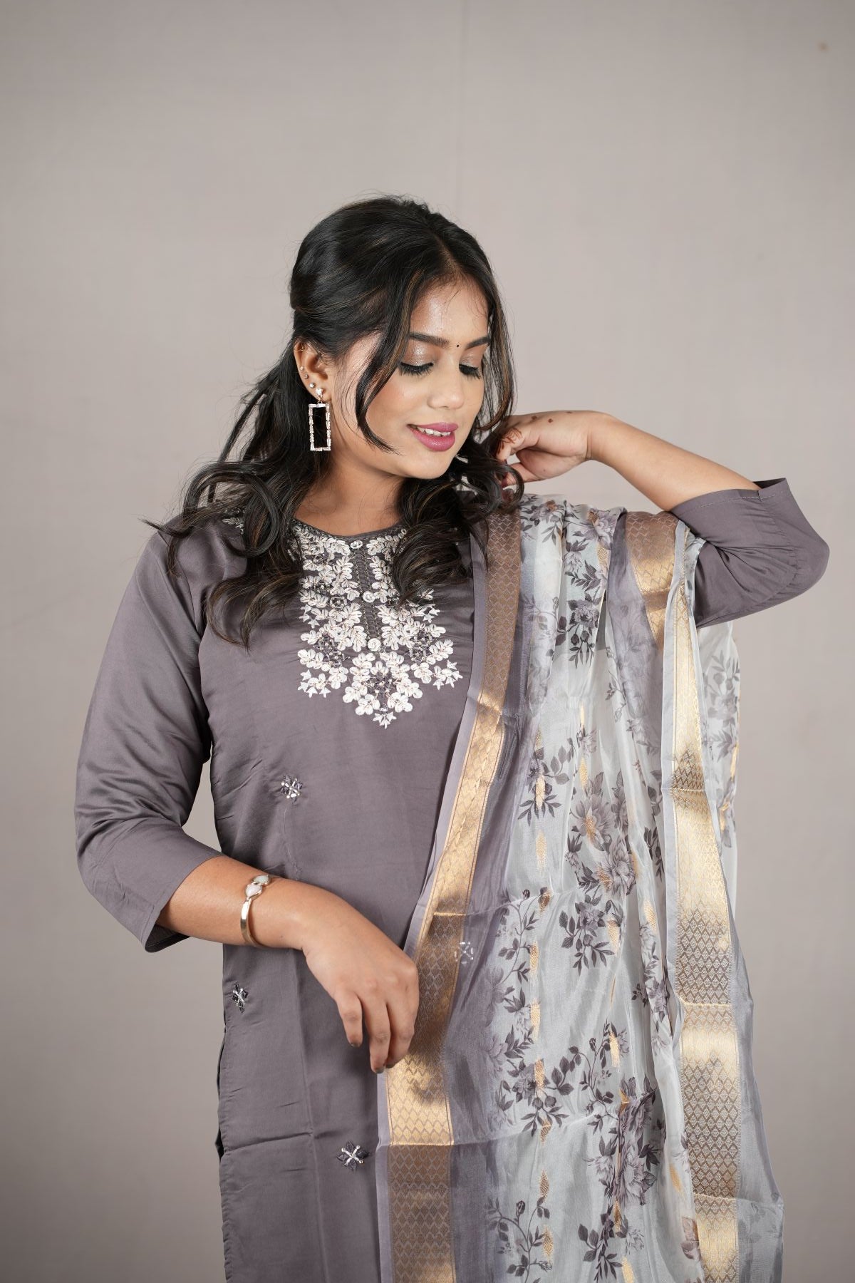 Smoky Grey Rangeela Silk Embroidered Kurta Set with Zari Dupatta