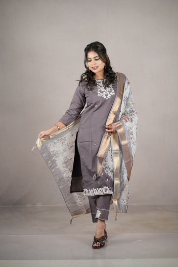 Smoky Grey Rangeela Silk Embroidered Kurta Set with Zari Dupatta