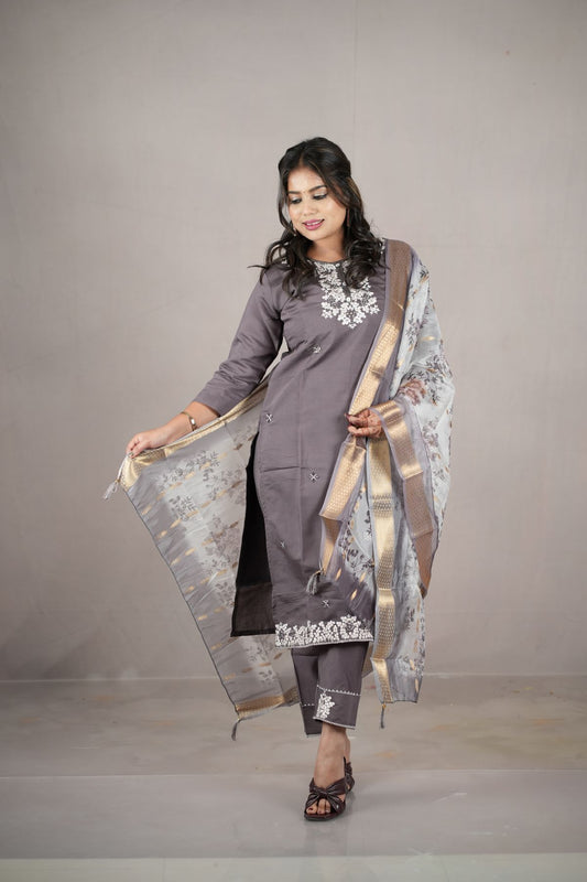 Smoky Grey Rangeela Silk Embroidered Kurta Set with Zari Dupatta