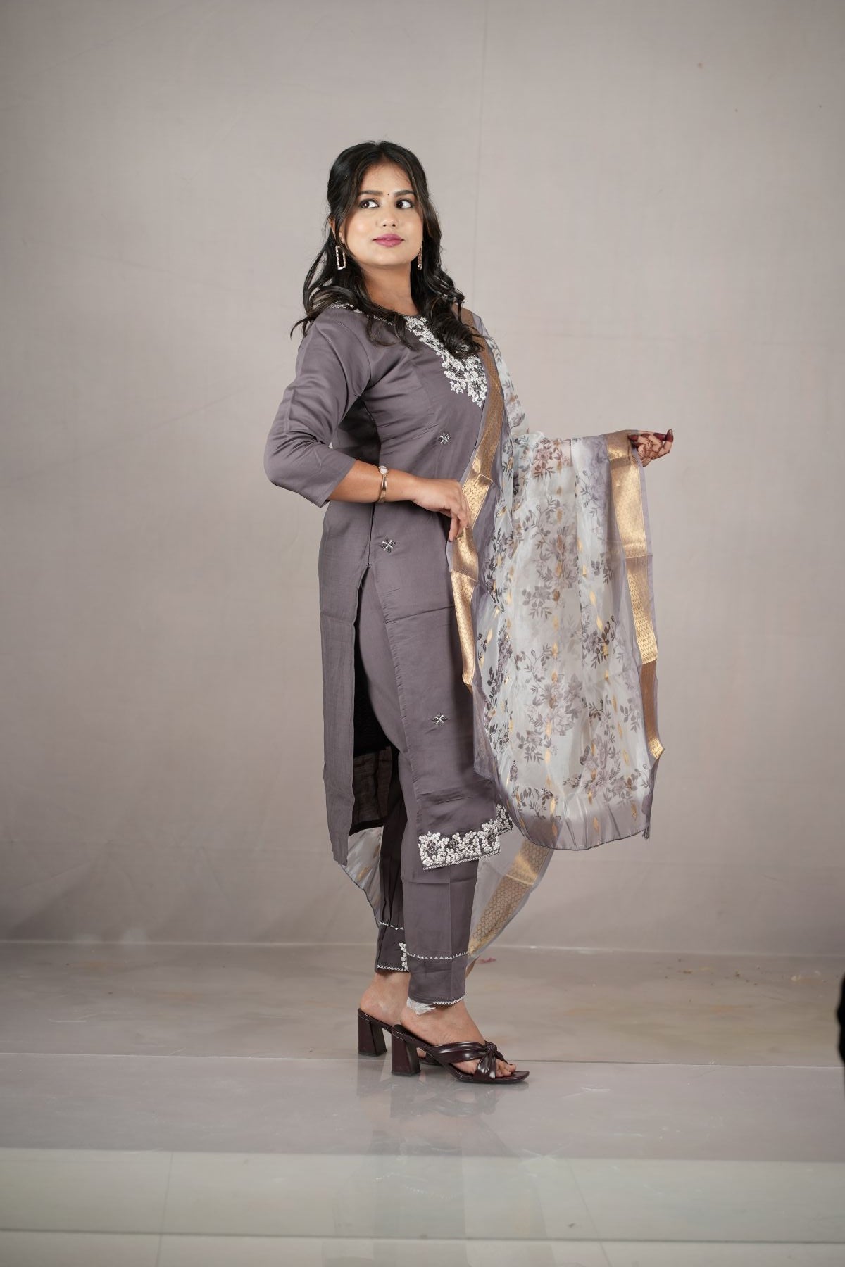 Smoky Grey Rangeela Silk Embroidered Kurta Set with Zari Dupatta