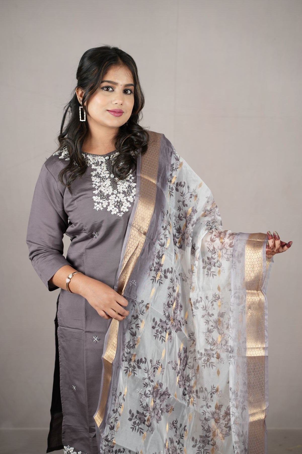 Smoky Grey Rangeela Silk Embroidered Kurta Set with Zari Dupatta
