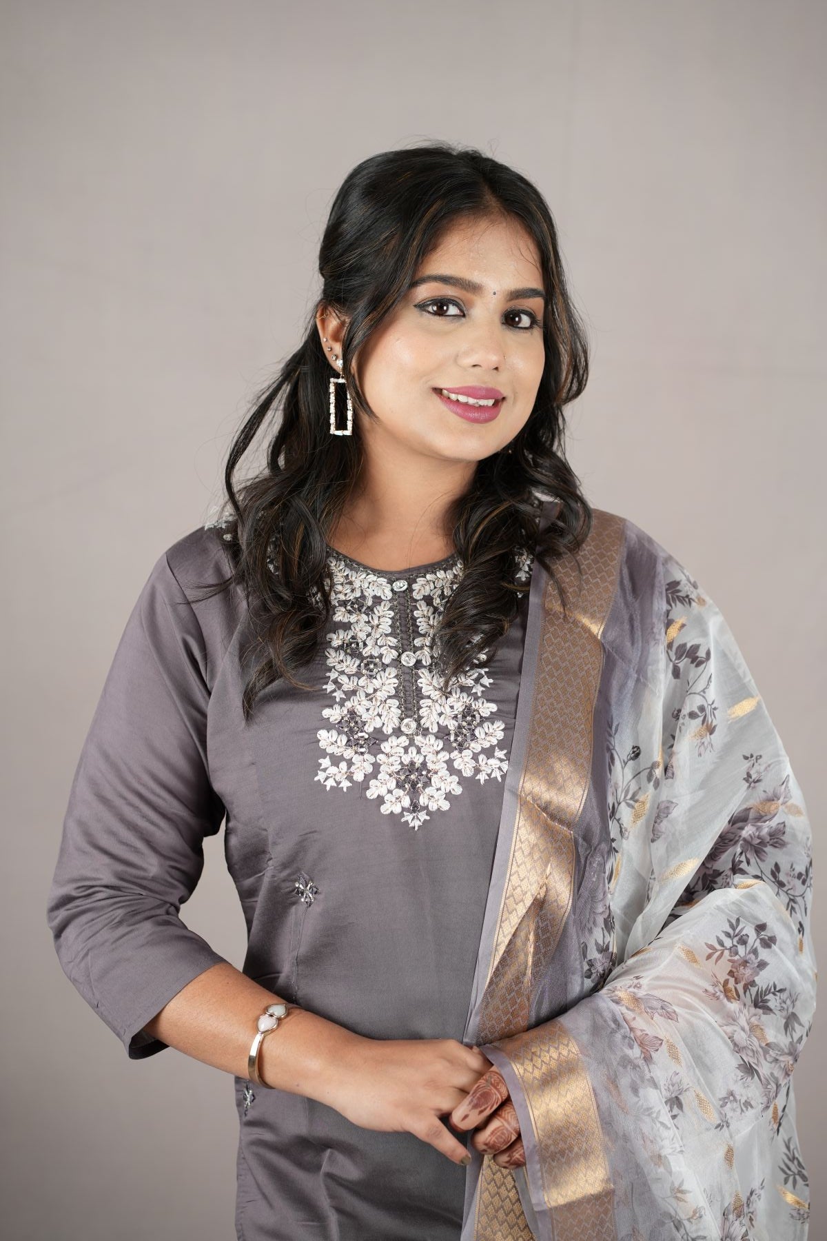 Smoky Grey Rangeela Silk Embroidered Kurta Set with Zari Dupatta