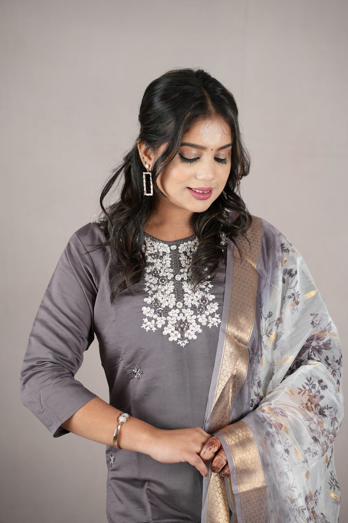 Smoky Grey Rangeela Silk Embroidered Kurta Set with Zari Dupatta