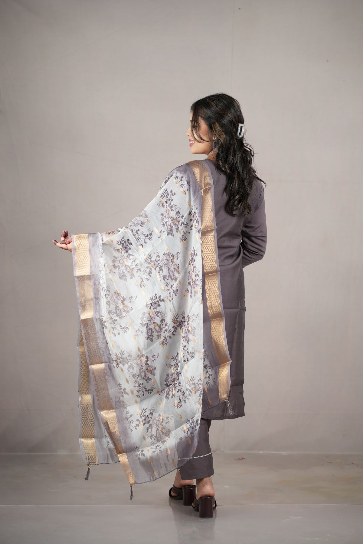 Smoky Grey Rangeela Silk Embroidered Kurta Set with Zari Dupatta