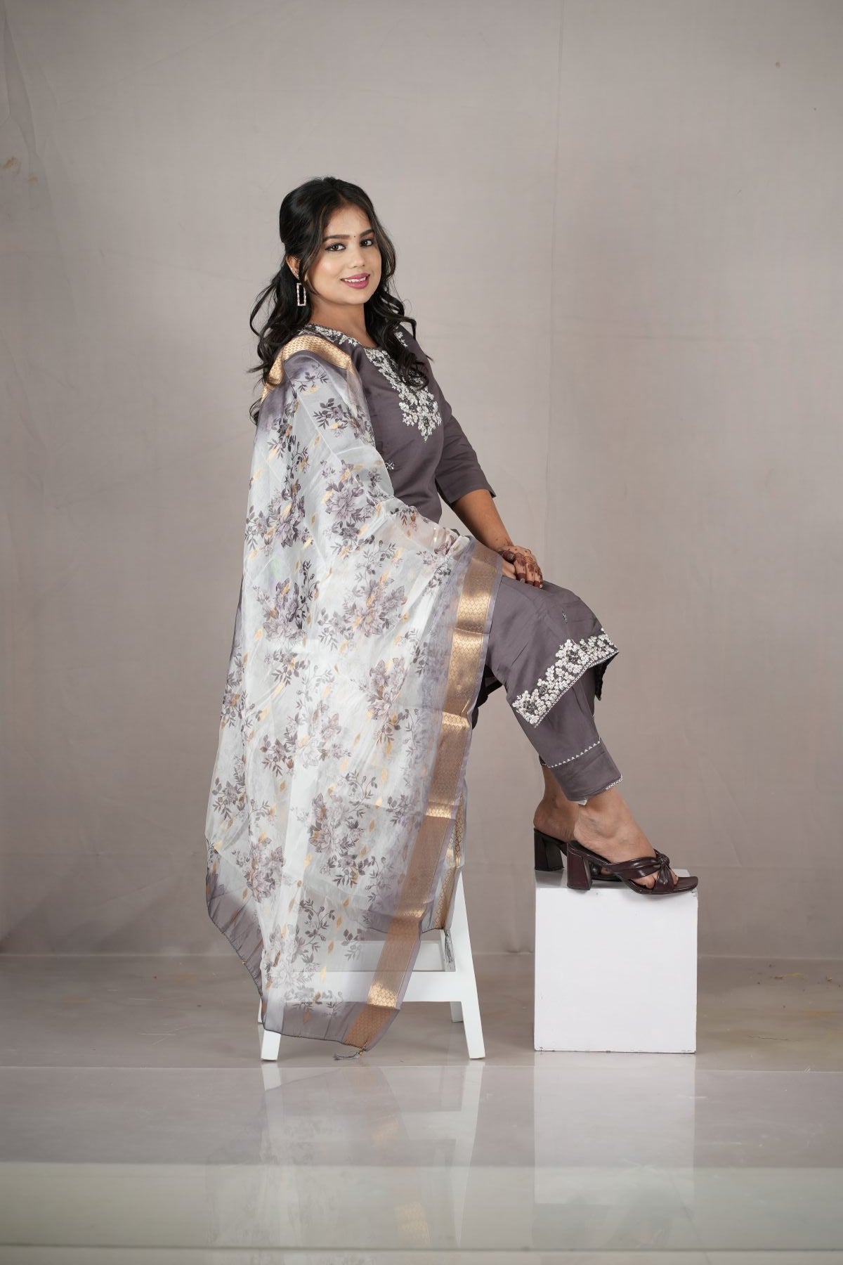 Smoky Grey Rangeela Silk Embroidered Kurta Set with Zari Dupatta
