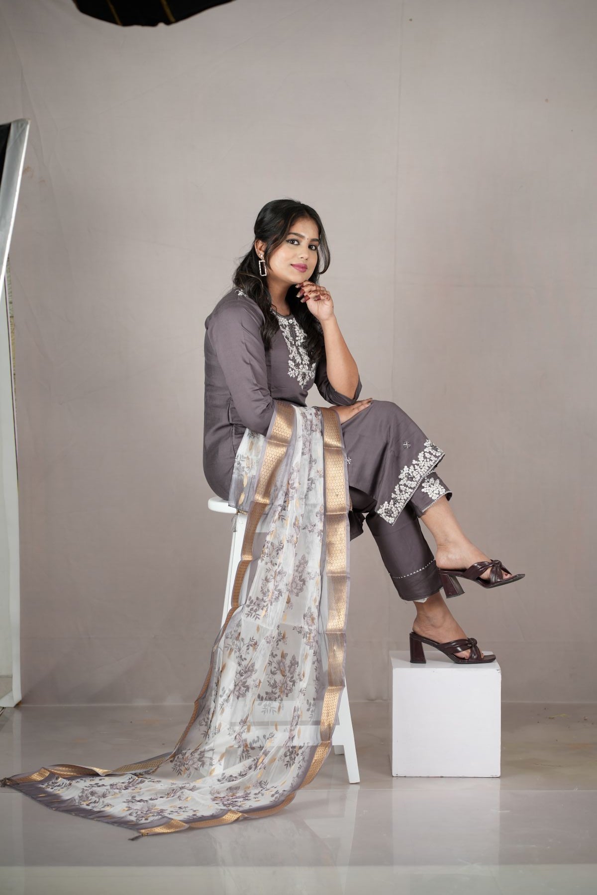 Smoky Grey Rangeela Silk Embroidered Kurta Set with Zari Dupatta