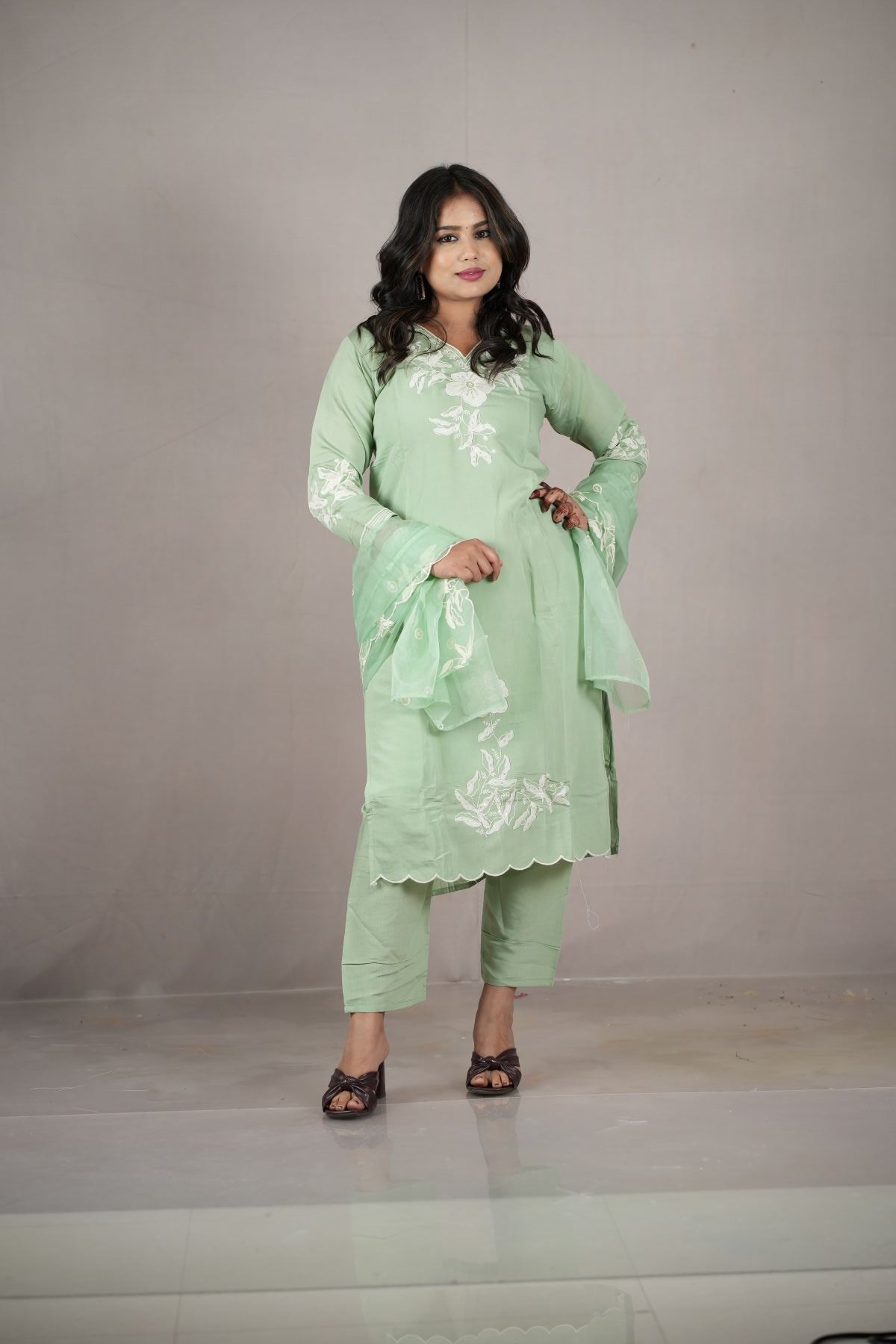 Classic Charcoal Roman Silk Embroidered Kurta Set