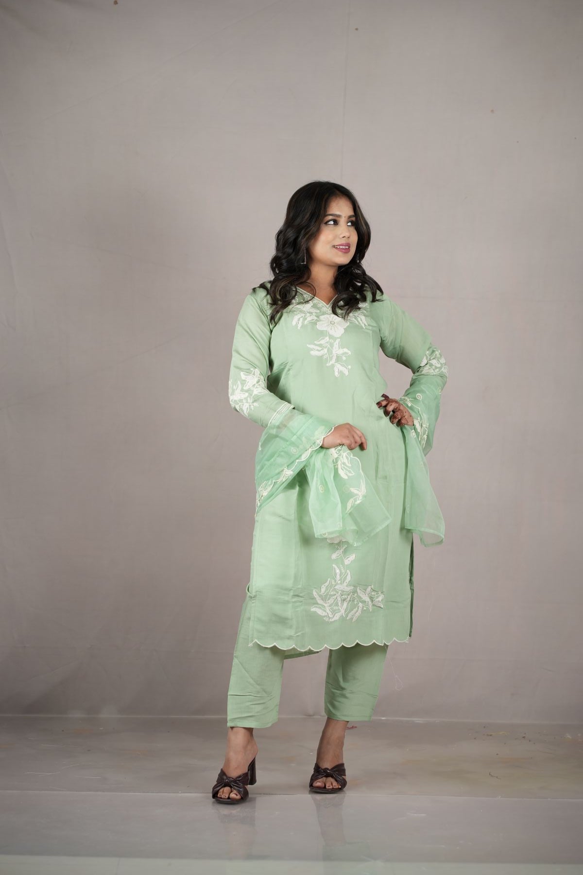 Classic Charcoal Roman Silk Embroidered Kurta Set