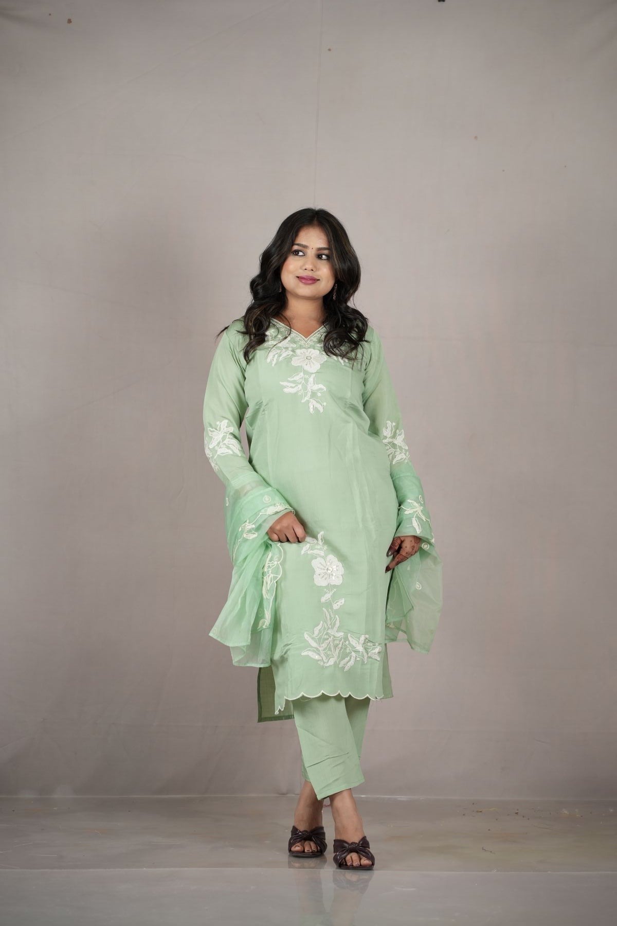 Classic Charcoal Roman Silk Embroidered Kurta Set