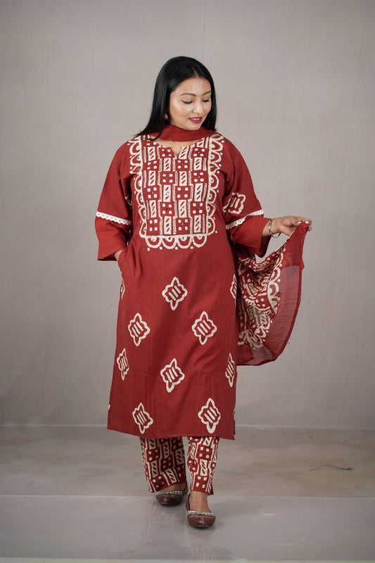 Ruhani Handcrafted Batik Cotton Kurta Set with Dupatta