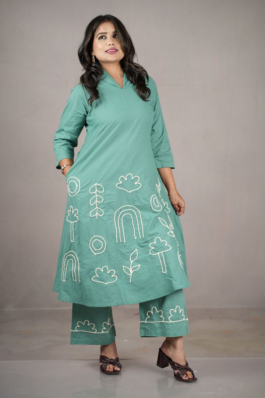 Green Threadwork Cambric Cotton Kurta Set