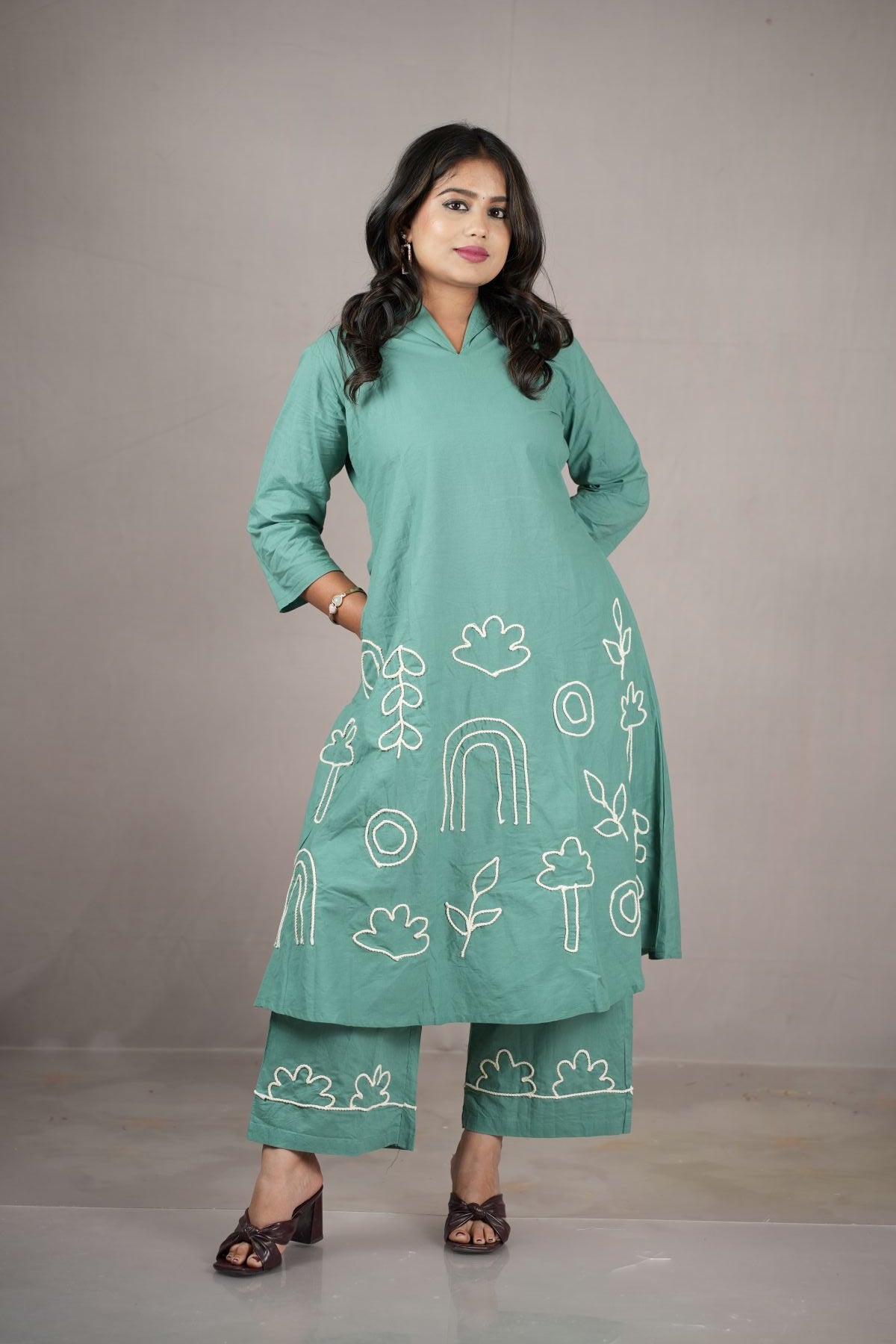 Green Threadwork Cambric Cotton Kurta Set