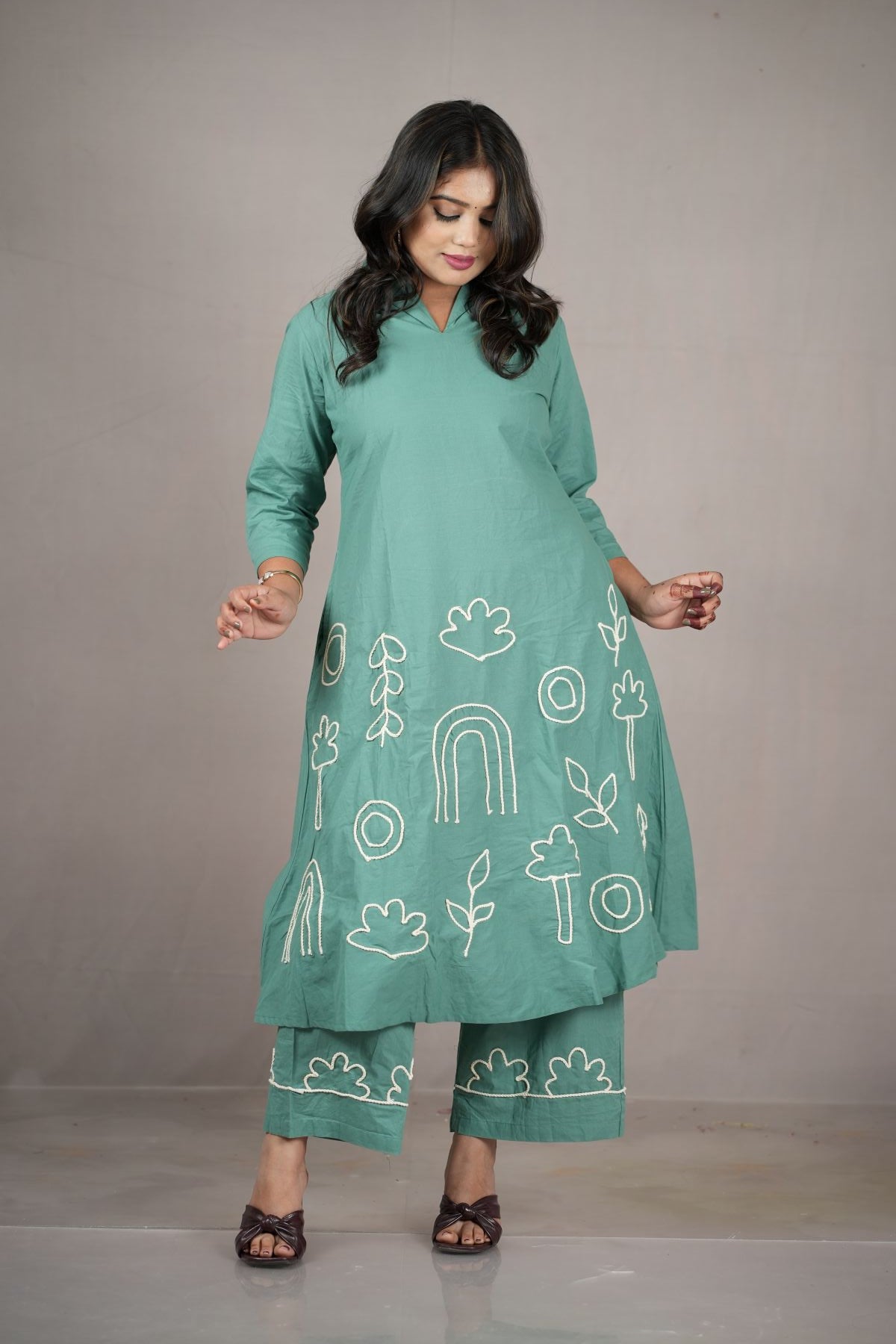 Green Threadwork Cambric Cotton Kurta Set