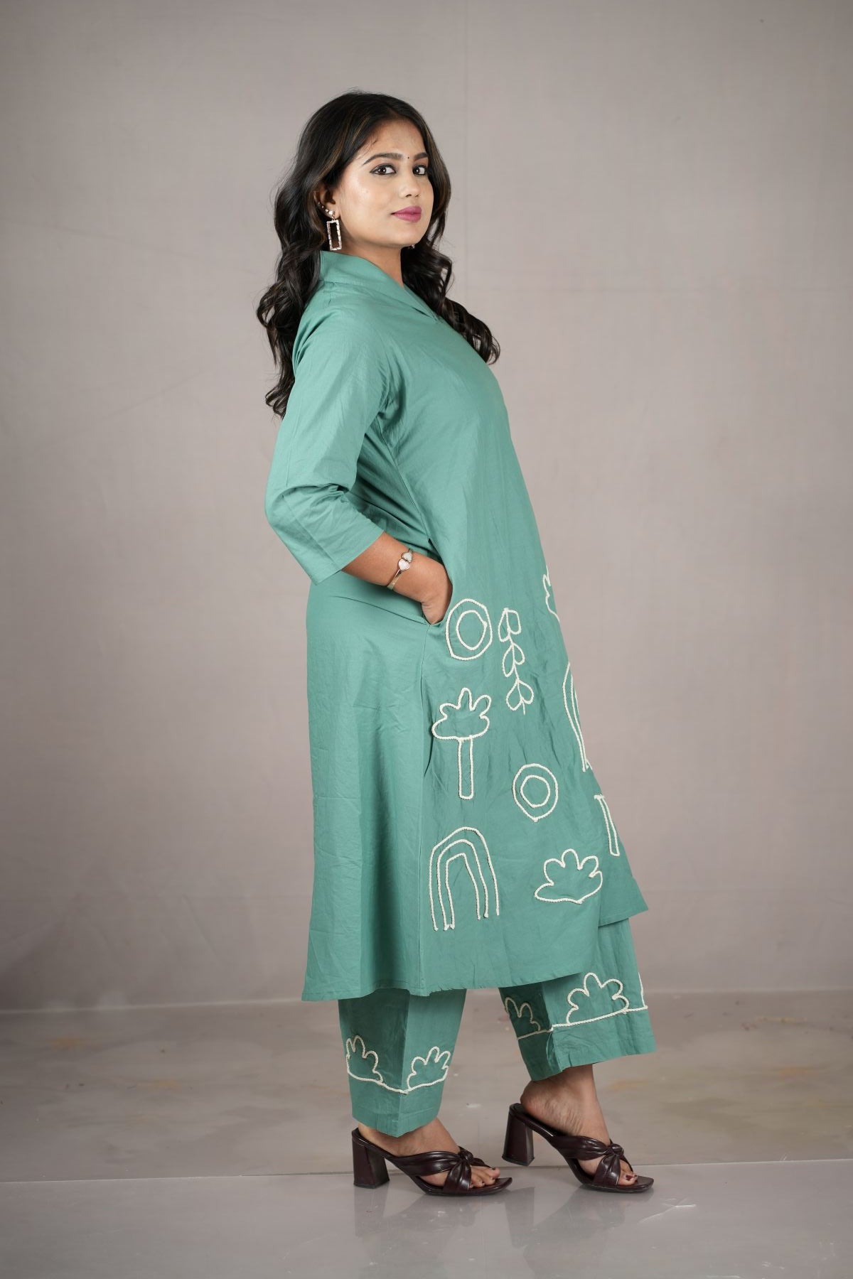 Green Threadwork Cambric Cotton Kurta Set