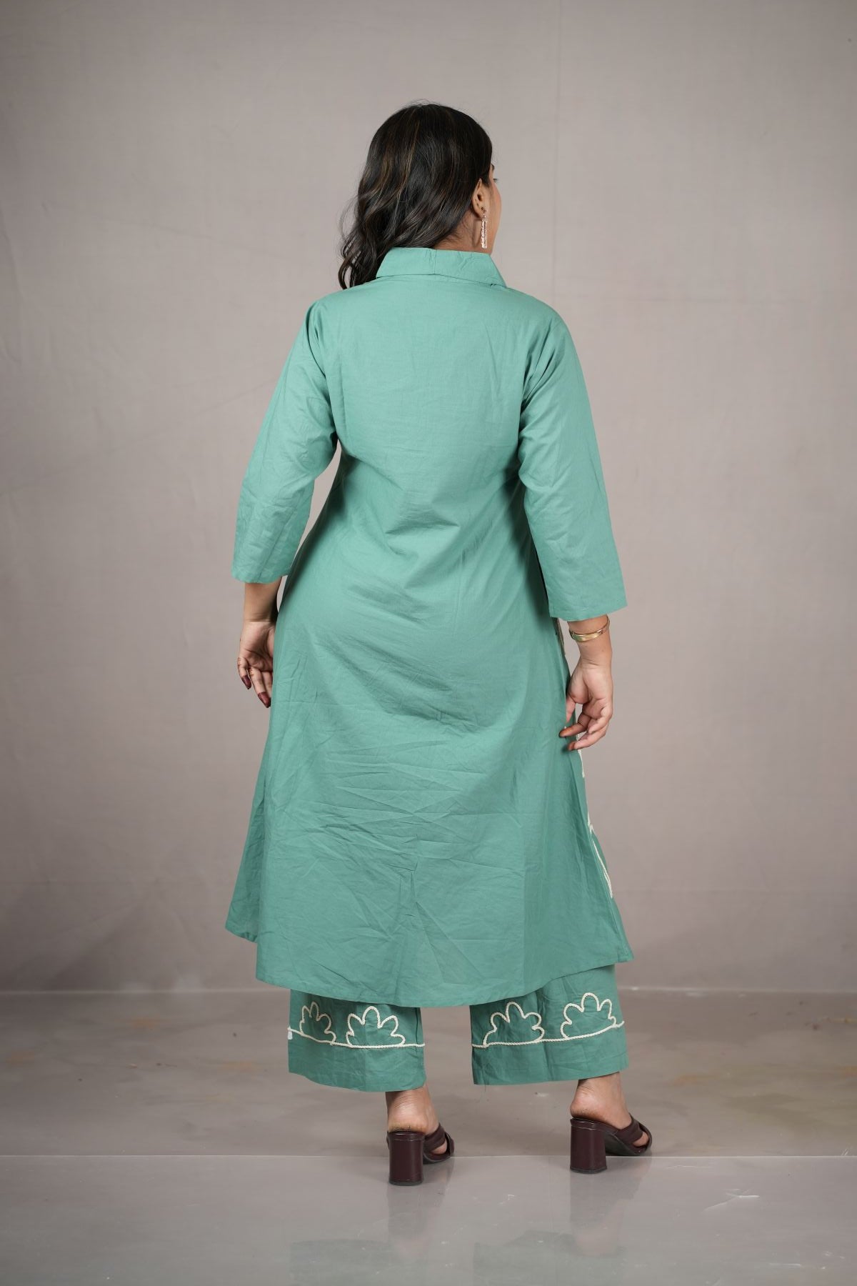 Green Threadwork Cambric Cotton Kurta Set