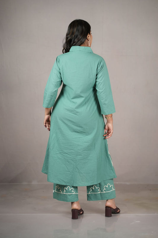 Green Threadwork Cambric Cotton Kurta Set