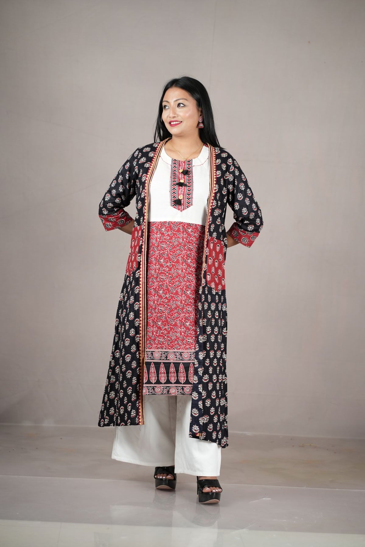 Black & Red Printed Cambric Cotton Jacket Kurta Set