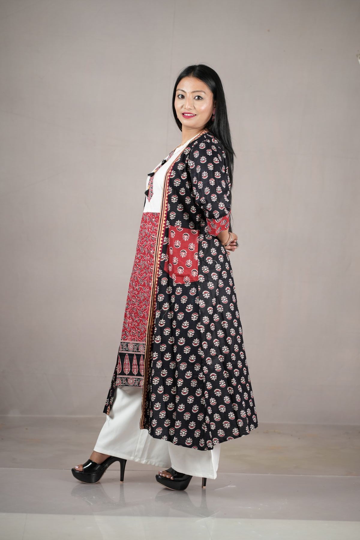 Black & Red Printed Cambric Cotton Jacket Kurta Set