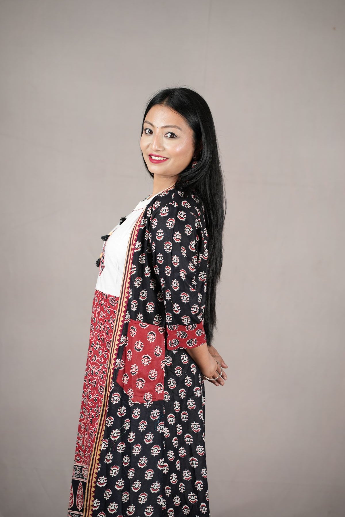 Black & Red Printed Cambric Cotton Jacket Kurta Set