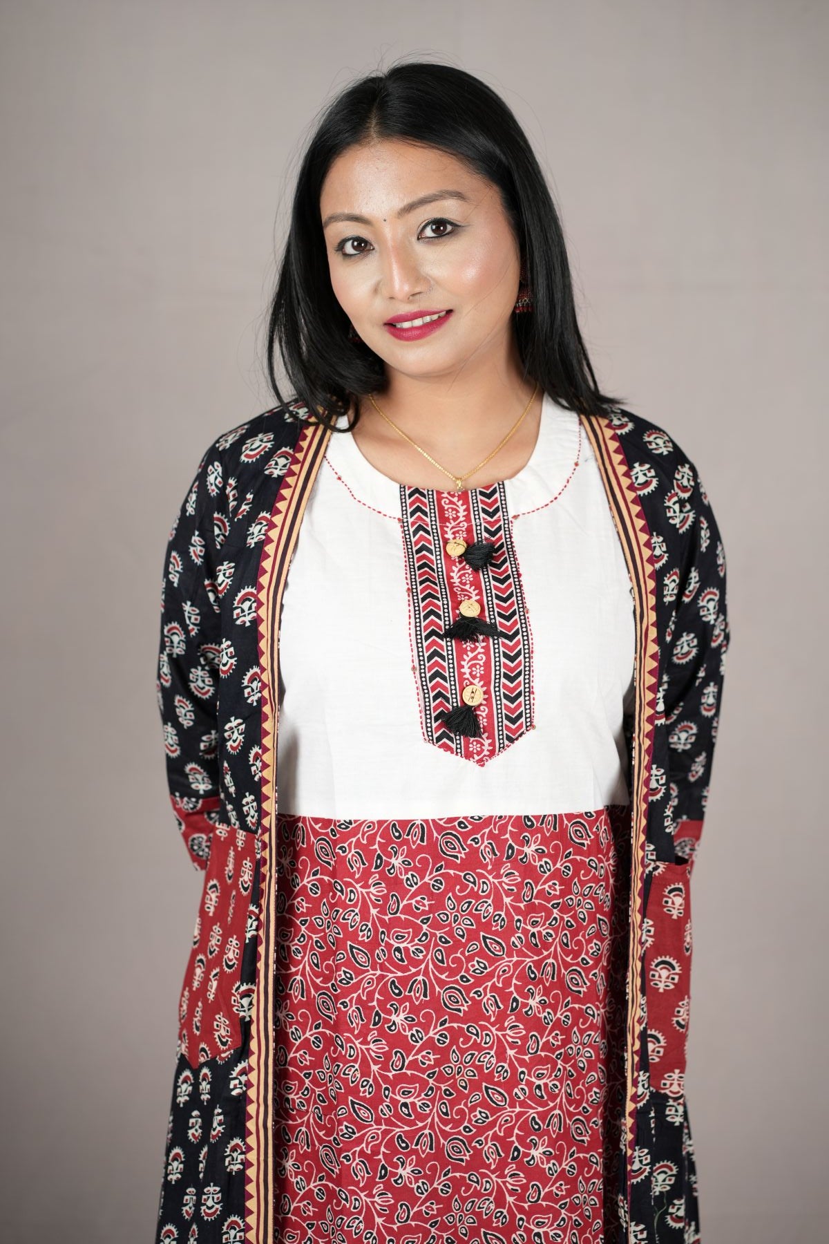 Black & Red Printed Cambric Cotton Jacket Kurta Set