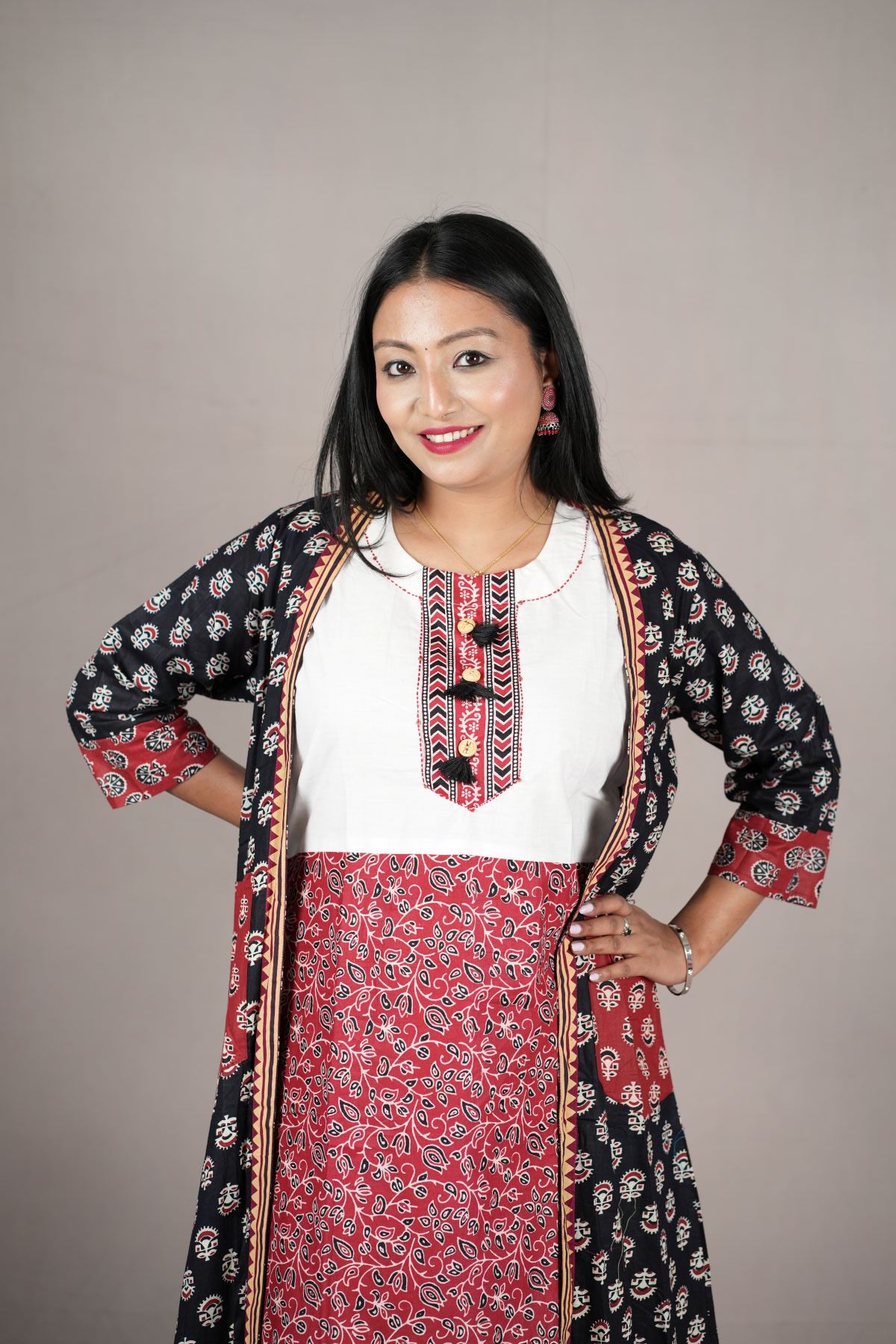 Black & Red Printed Cambric Cotton Jacket Kurta Set