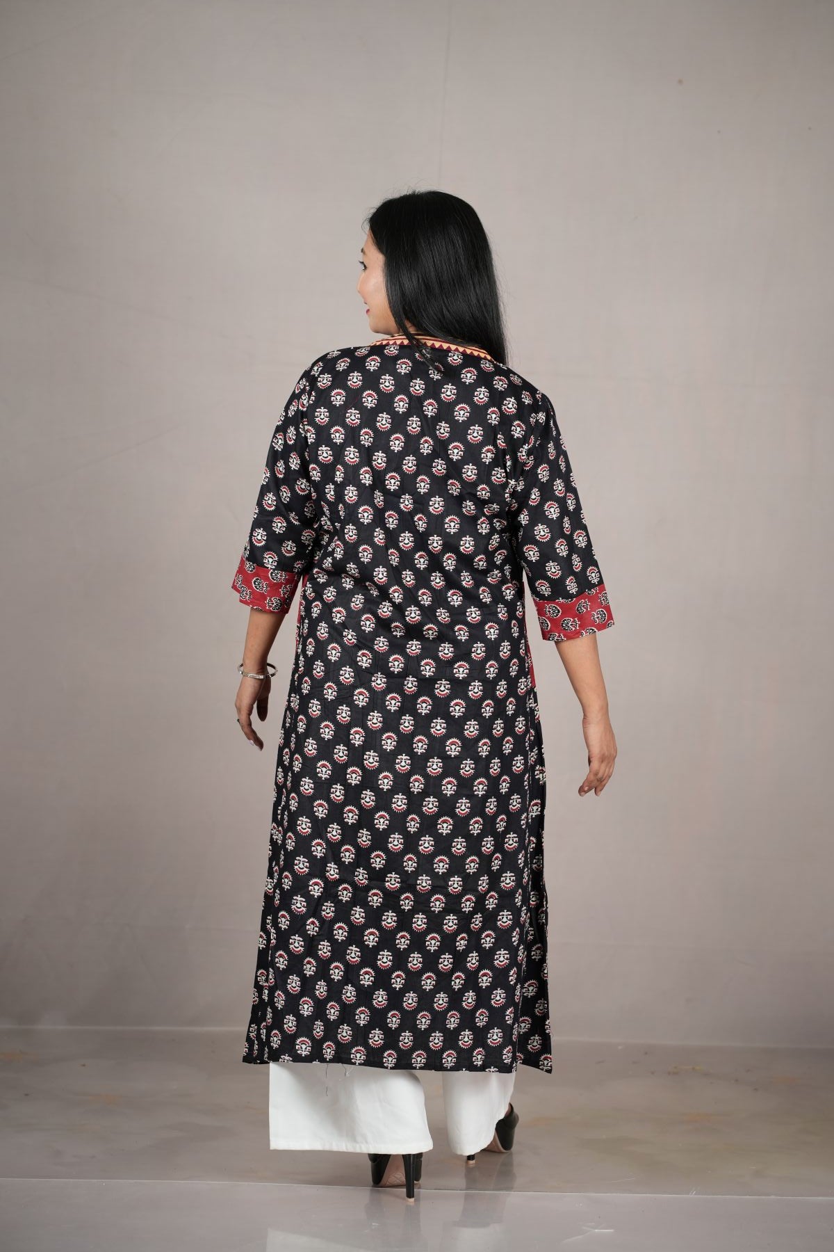 Black & Red Printed Cambric Cotton Jacket Kurta Set