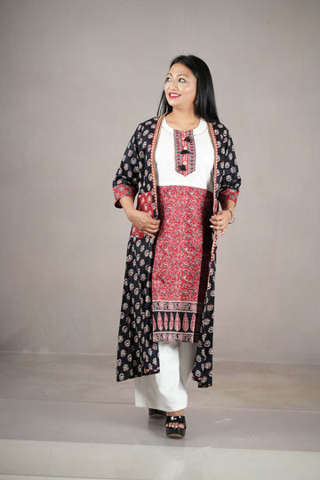 Black & Red Printed Cambric Cotton Jacket Kurta Set