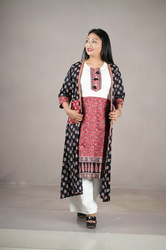 Black & Red Printed Cambric Cotton Jacket Kurta Set